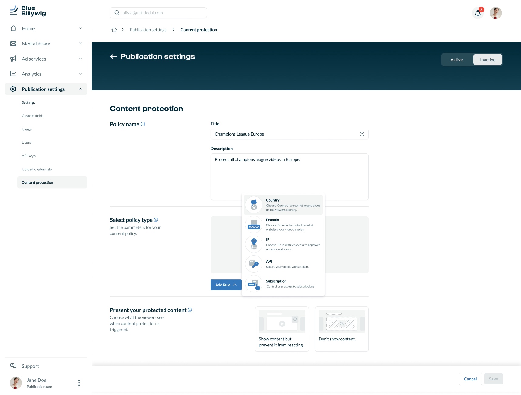 The Content protection page with a menu of policy types: country, domain, IP, API and subscription.