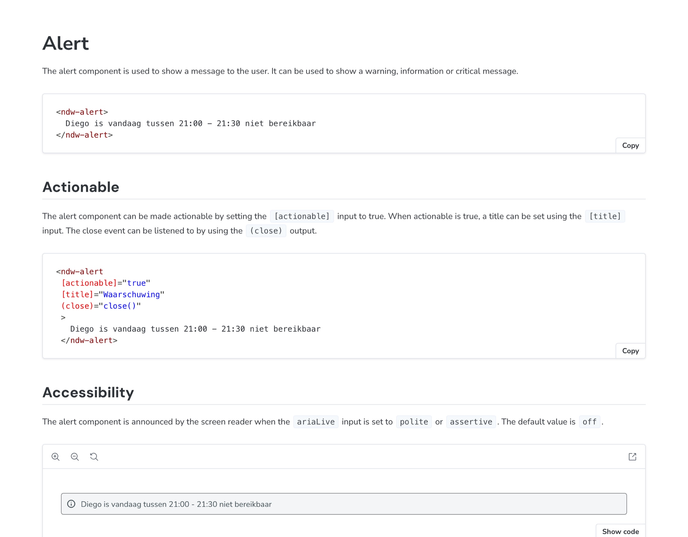 The Alert page in the NDW Storybook, with usage code, an actionable variant and an Accessibility section about screen reader announcements.