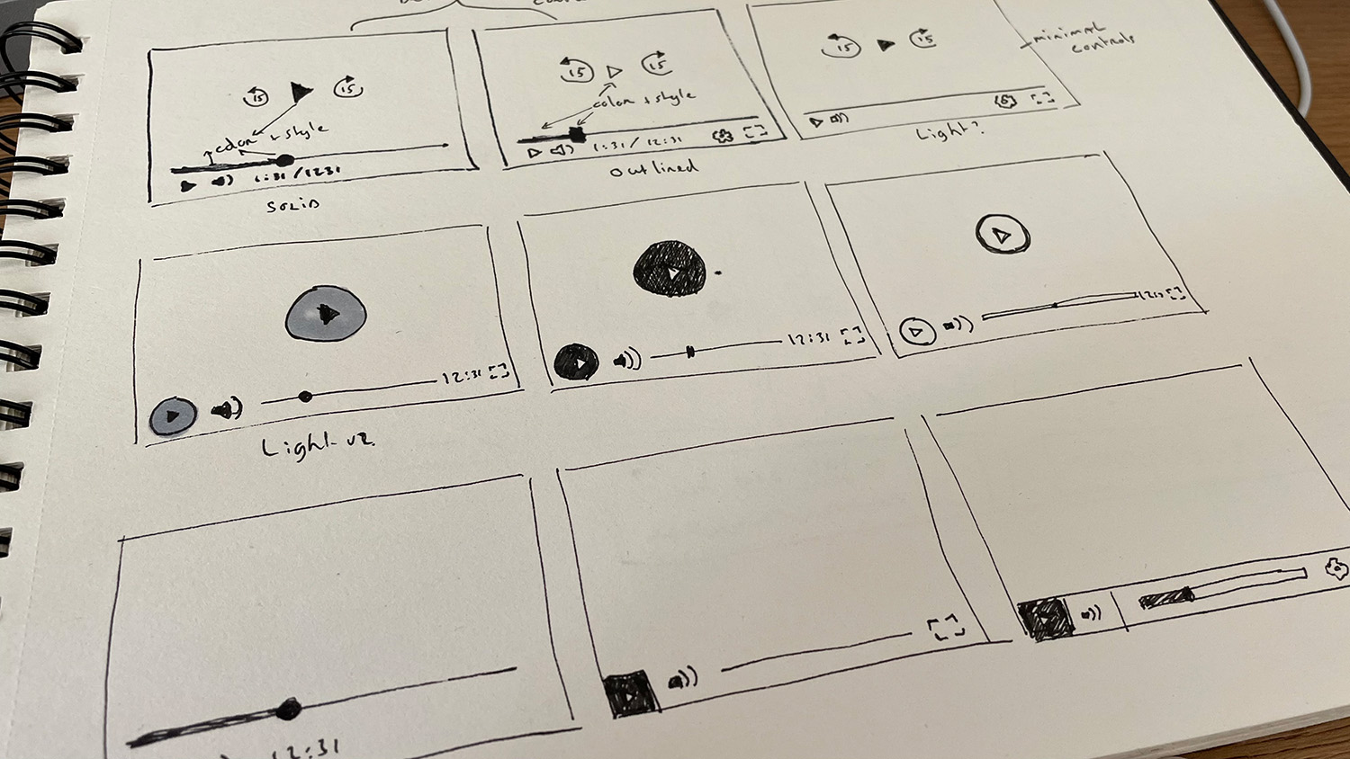 A sketchbook page with player layouts in solid, outlined and light styles.