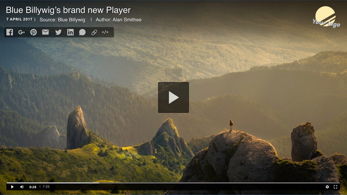 The previous player skin: a dark play button, share icons on the top left, a small control bar at the bottom and a logo at the top right.