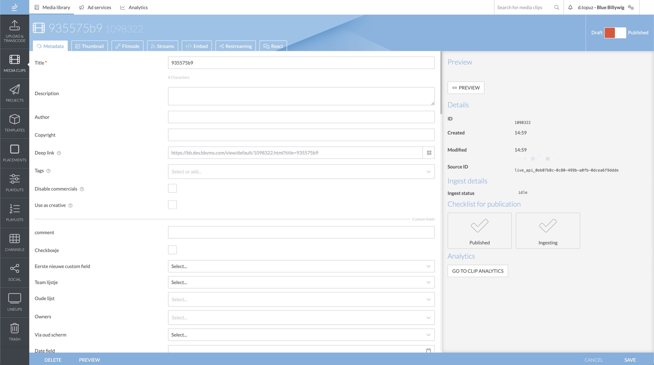 The previous media clip detail page: one long form with seven tabs and a side panel.