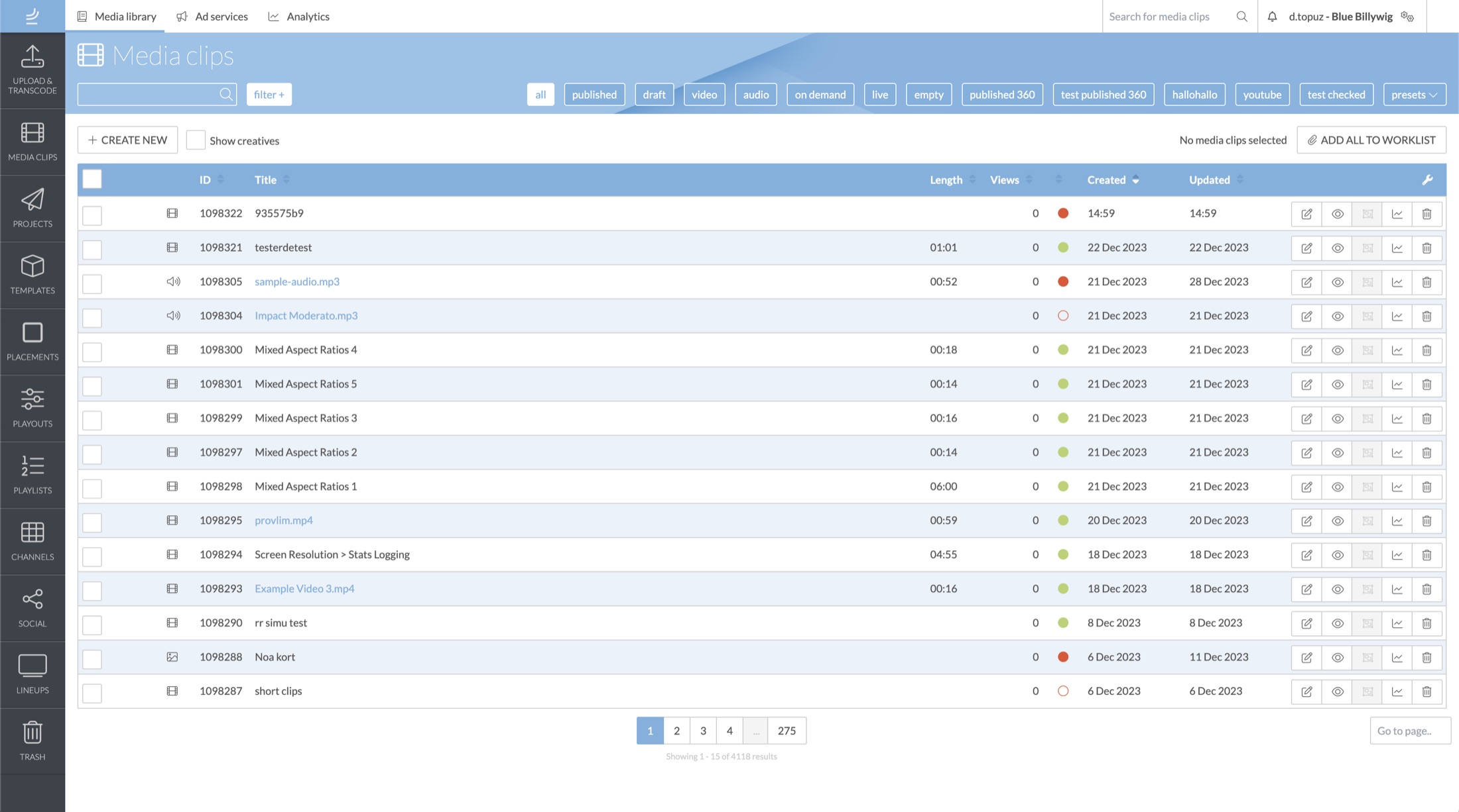 The previous media clips page: a dense table with many filter buttons, tabs and row actions.