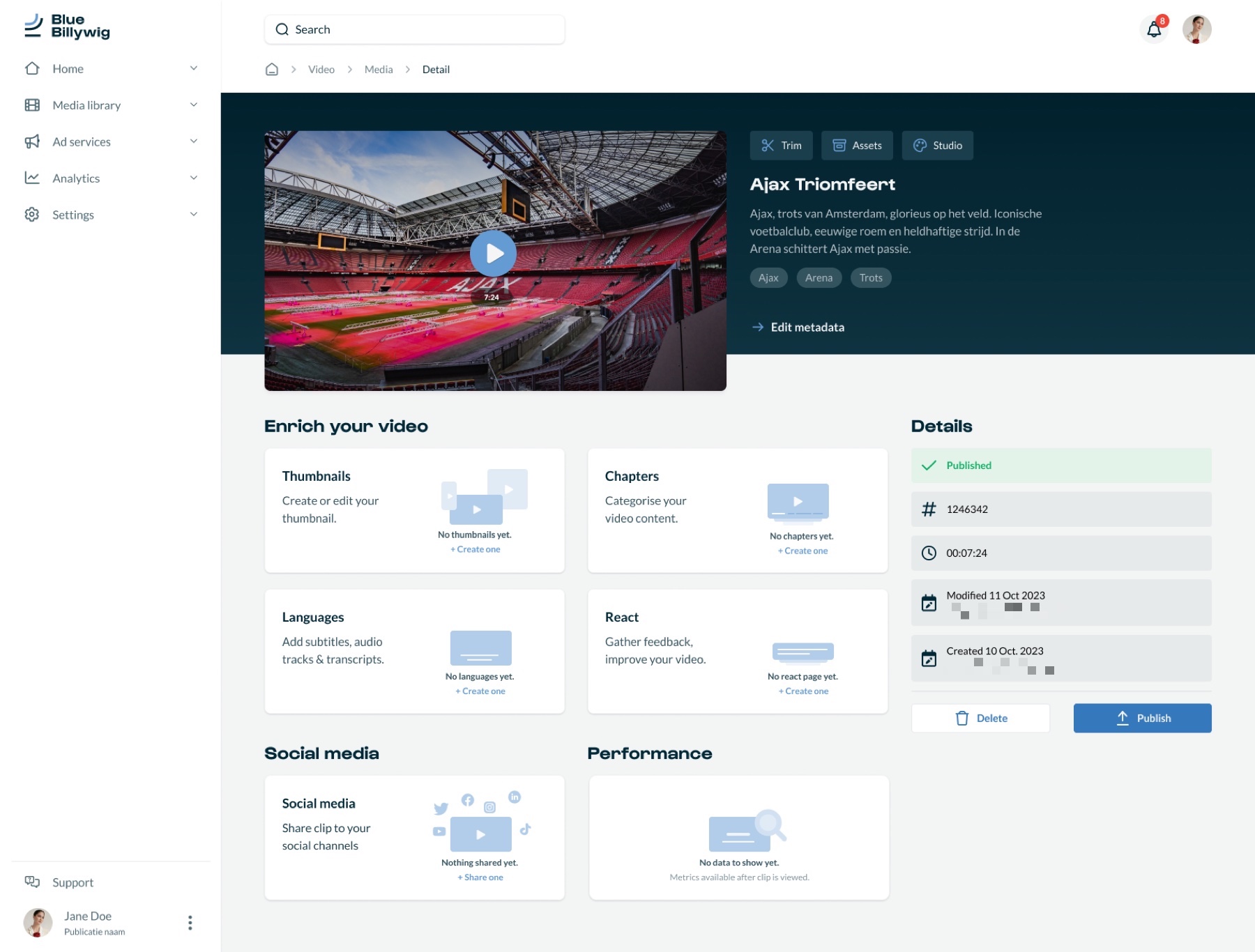 The redesigned media clip detail page with empty blocks for thumbnails, chapters, languages and reactions.